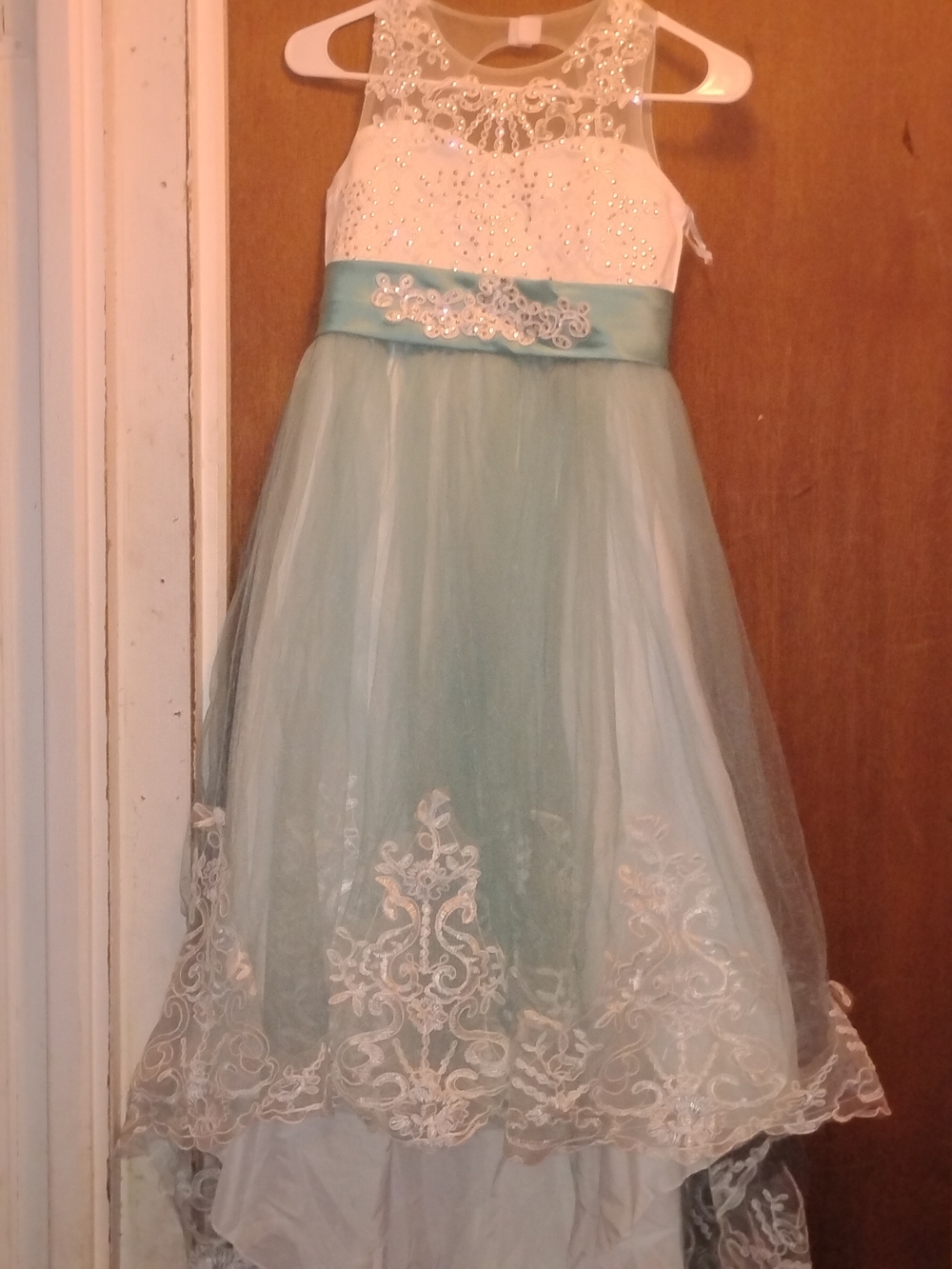 White and Light Blue Girls' Lace Tulle Dress - Elegant Party Dress